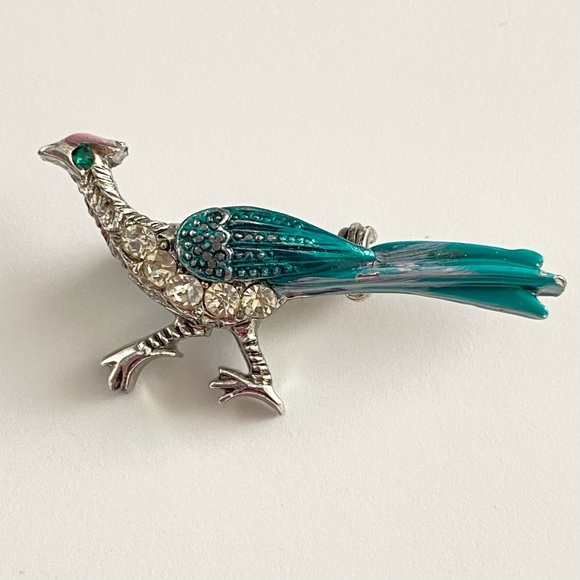 Roadrunner Brooch Pin Silver Tone Rhinestone and Teal Enamel - Picture 1 of 4